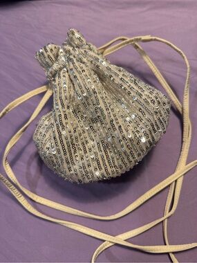LOFT Silver Sequin Shimmer Party Event Drawstring Purse Clutch Handbag